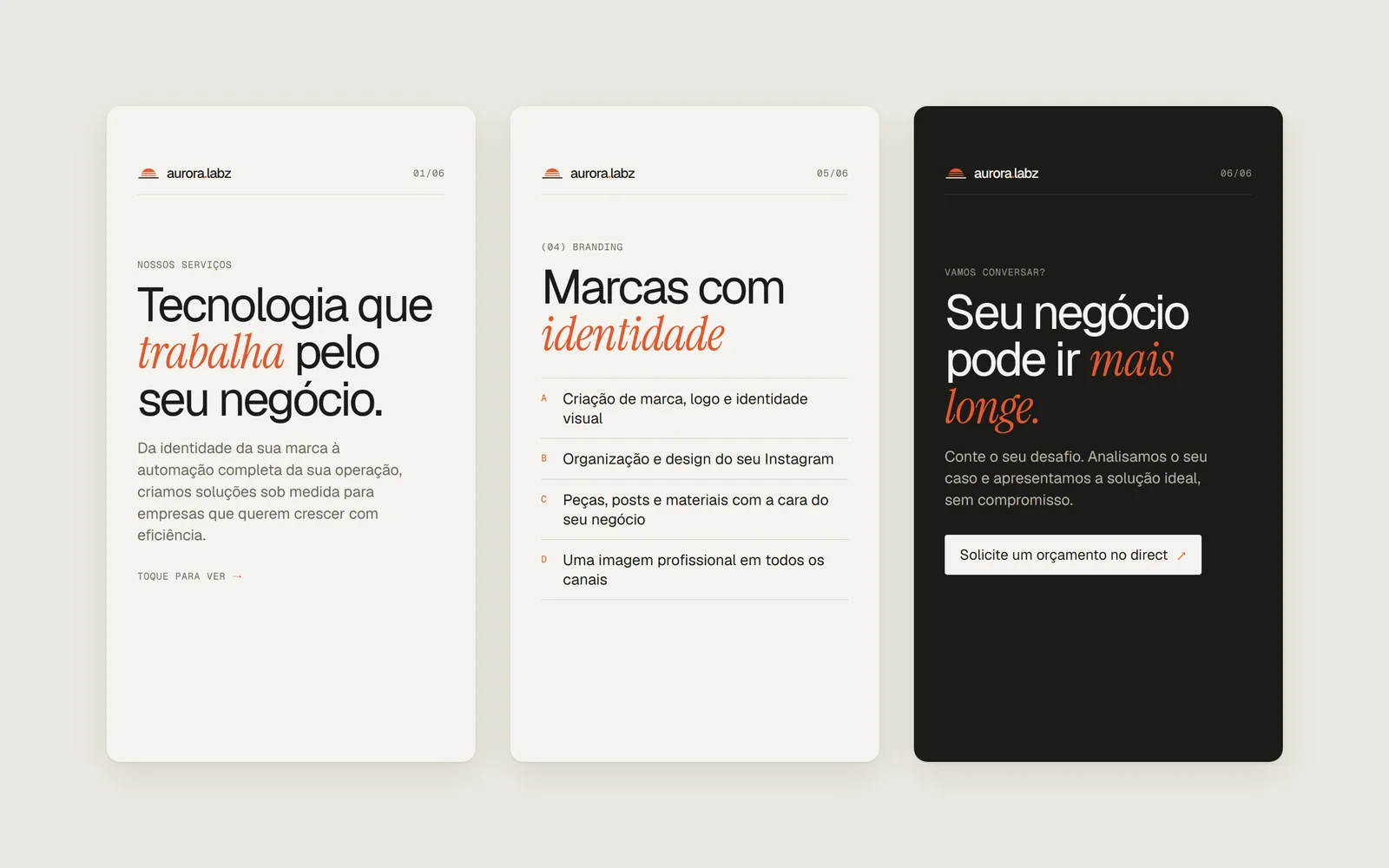 Três stories de Instagram da Aurora Labz, em fundo claro e escuro