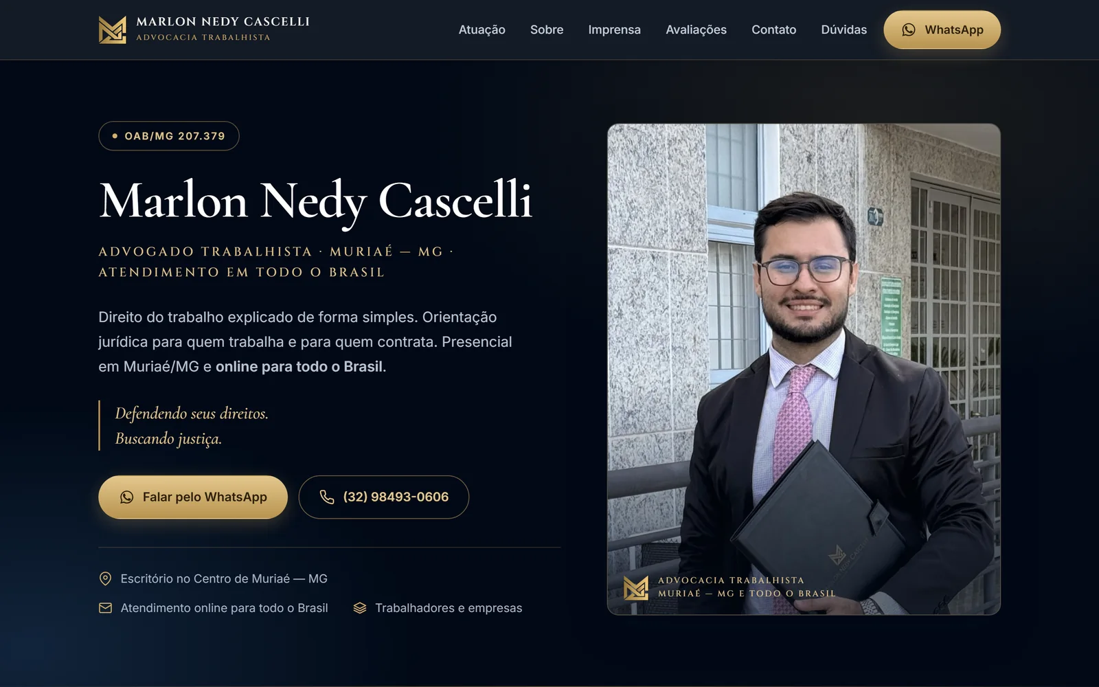 Página inicial do site do advogado Marlon Nedy Cascelli, com fundo azul-noite e detalhes dourados