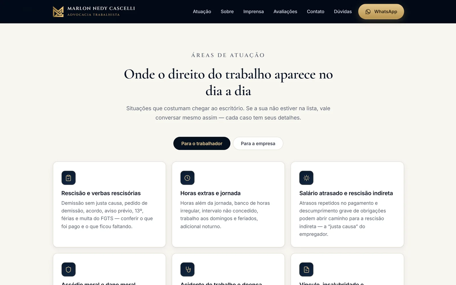 Seção de áreas de atuação, com cartões de temas trabalhistas e abas para trabalhador e empresa