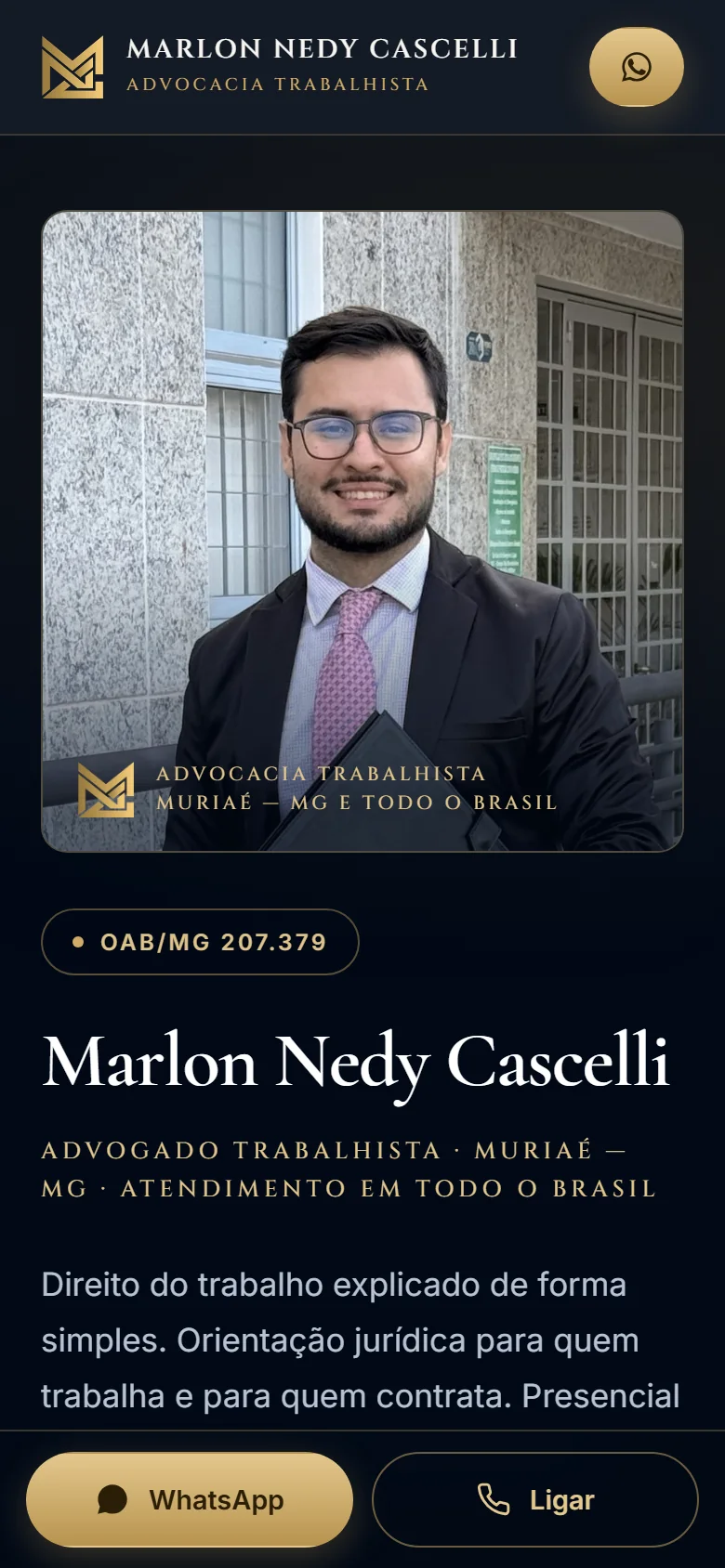 Versão para celular do site do advogado Marlon Nedy Cascelli