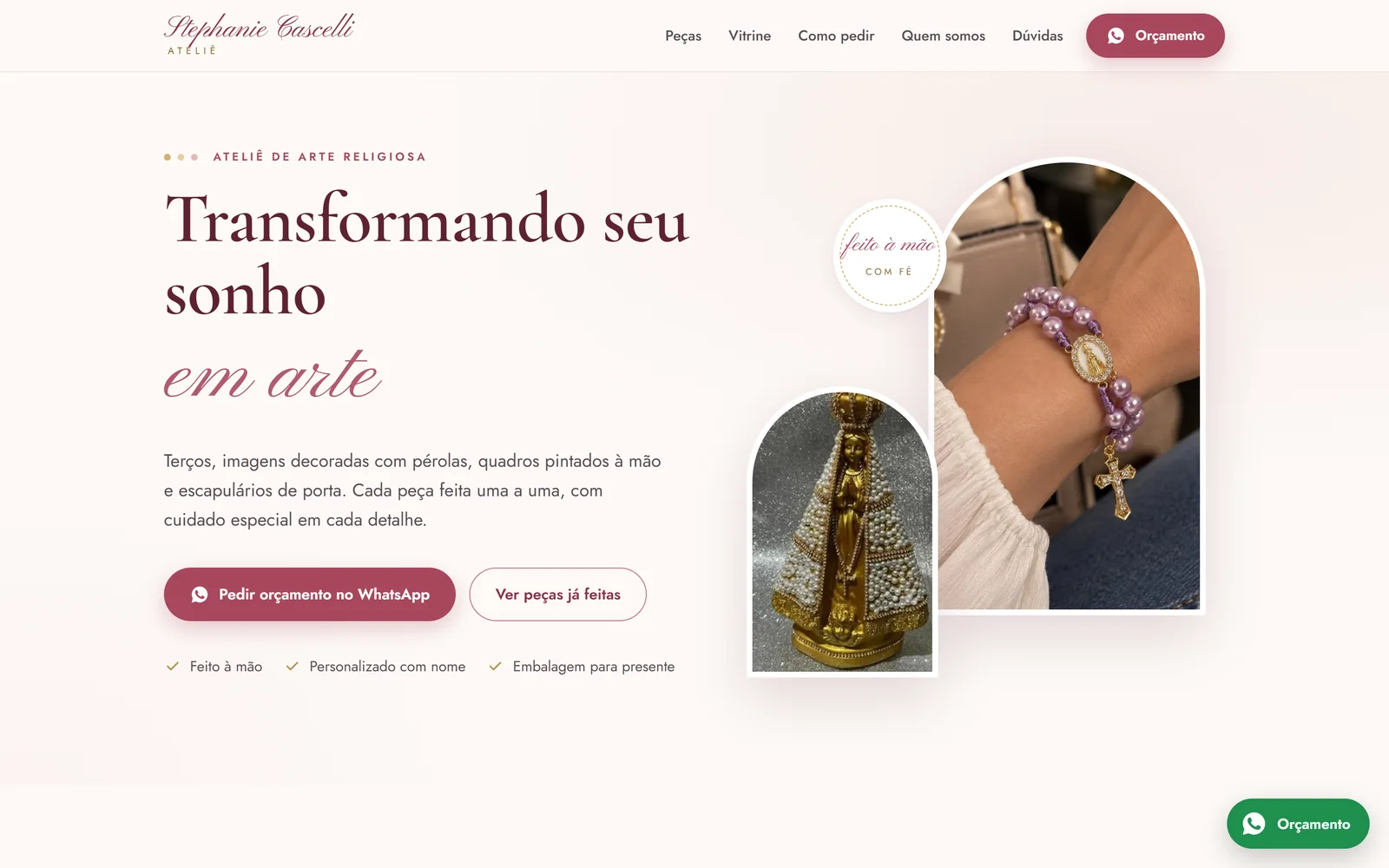 Página inicial do site do Ateliê Stephanie Cascelli, com fotos de terços e imagens religiosas