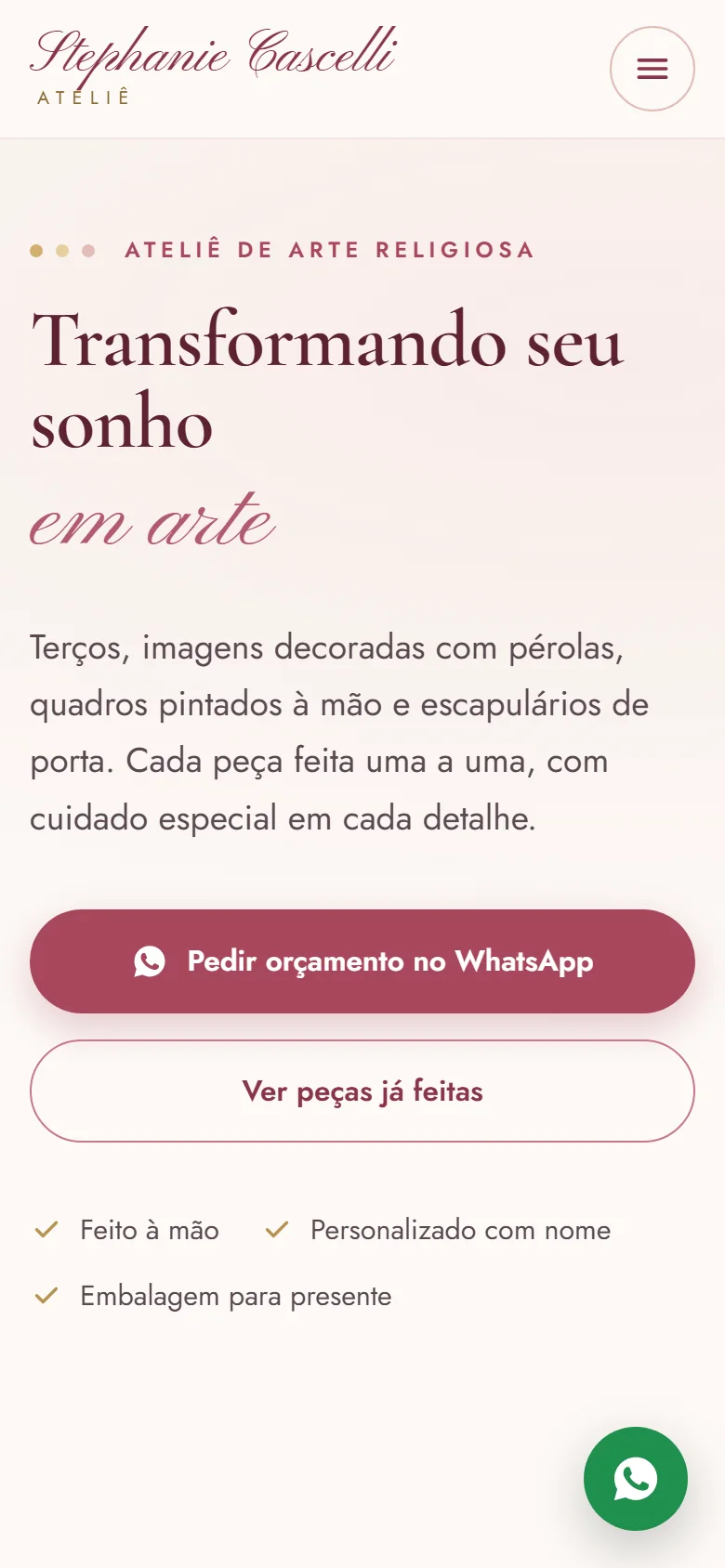Versão para celular do site do Ateliê Stephanie Cascelli